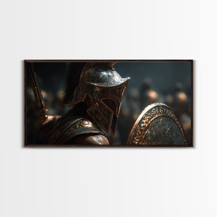 Bronze Spartan Soldier With Shield Framed Canvas Print, Ancient Greek Wall Art, Gladiator Decor, Masculine Office Poster