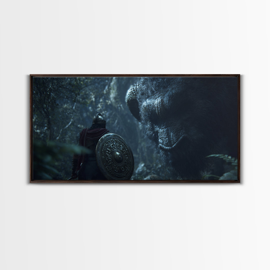 Armored Warrior Facing Giant Forest Bear Framed Canvas Print, Fantasy Art, Animal Wall Art, Dark Wall Art, Unique Gift, Home Decor