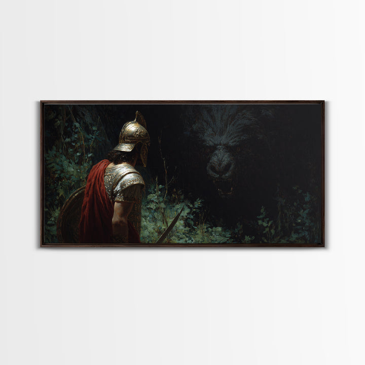 Dark Warrior Facing Bear Framed Canvas Print, Mythic Fantasy Wall Art, Gothic Forest Living Room Decor, Gift For Him, Man Cave