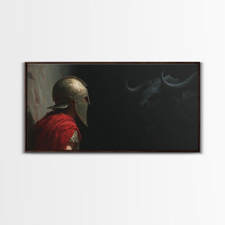 Helmeted Hero Facing Shadow Bull Framed Canvas Print, Mythological Wall Art, Dark Fantasy Decor, Greek Myth Gift For Him