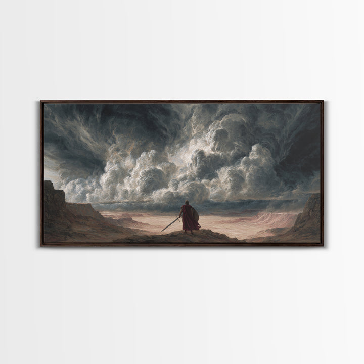 Solitary Warrior Beneath Apocalyptic Storm Canvas Print, Epic Fantasy Wall Art, Dramatic Landscape Decor For Living Room