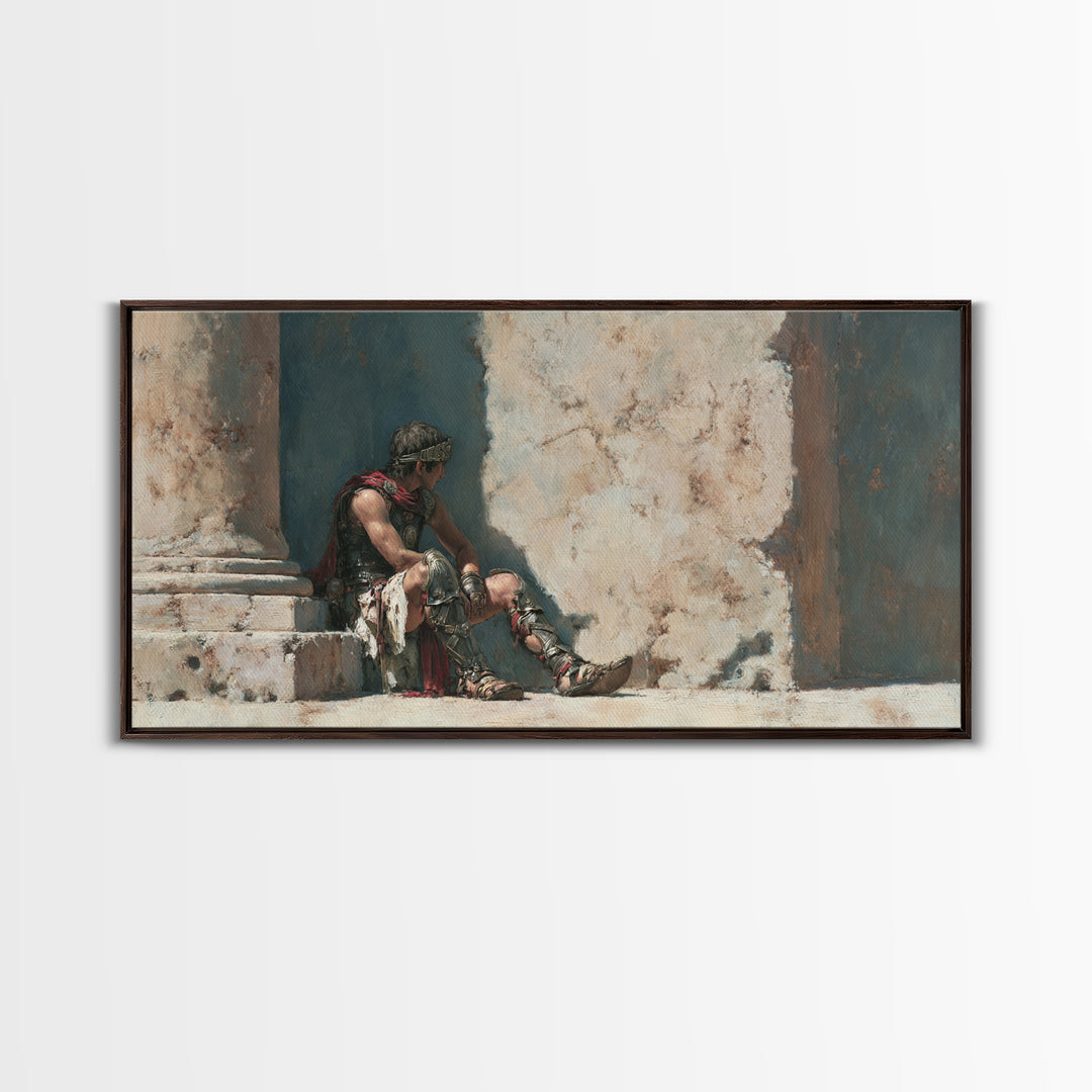 Resting Roman Gladiator In Sunlit Stone Hall Wall Art, Historical Warrior Framed Canvas Print For Classical Home Decor Gift