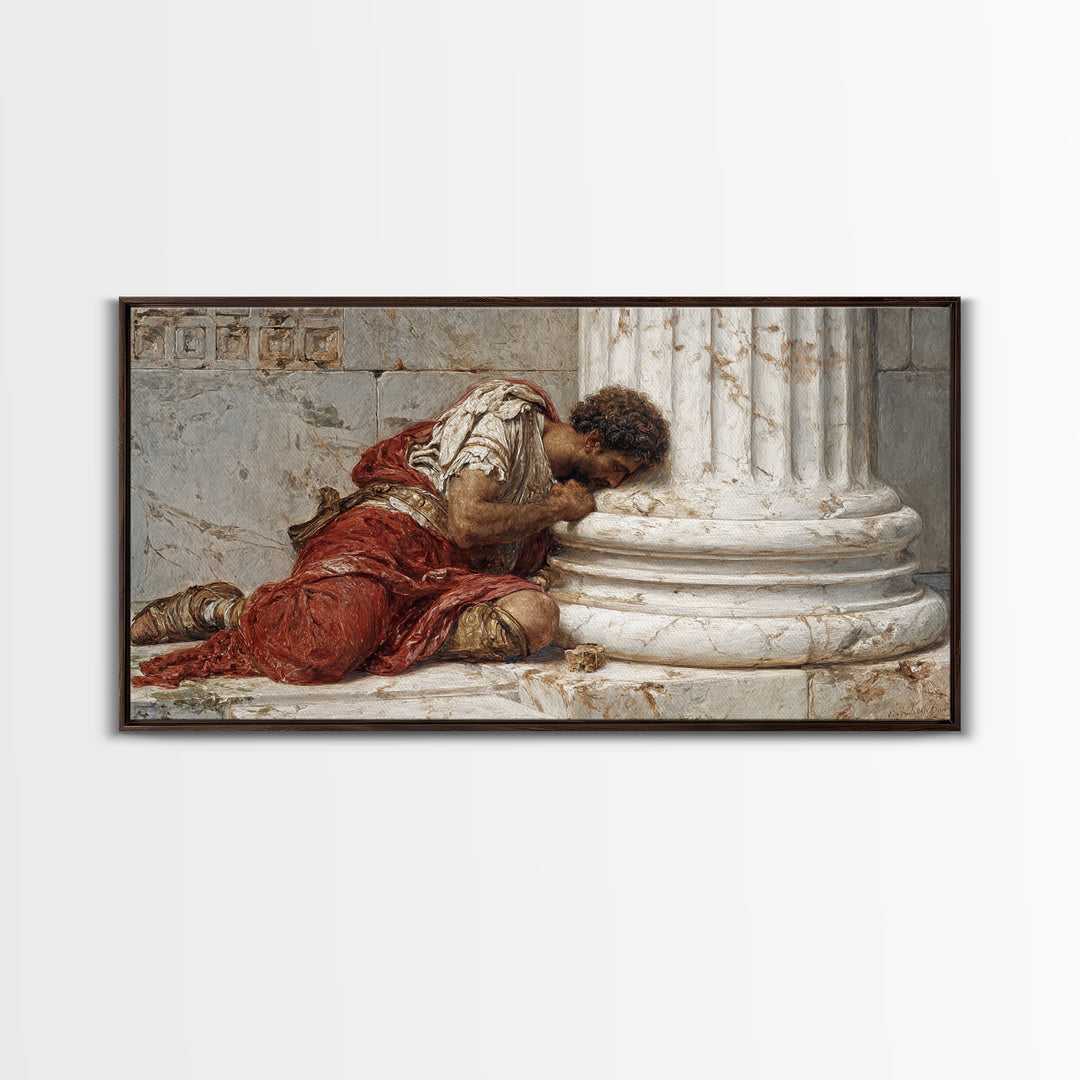 Wounded Roman By Marble Column Framed Canvas Print, Classical History Wall Art, Dark Academia Decor, Ancient Rome Artwork