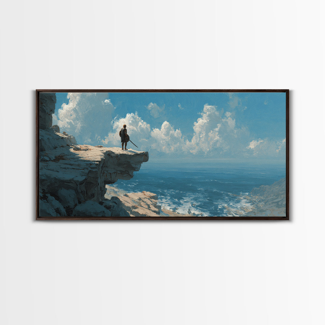 Heroic Warrior Facing Ocean Cliffs Under Cloudscape Landscape Wall Art Canvas Print Epic Adventure Outdoor Painting Decor