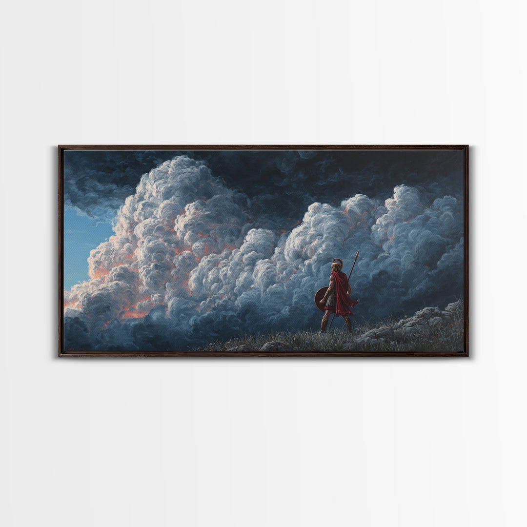 Small Warrior Before Towering Storm Clouds Wall Art, Dramatic Fantasy Canvas Print For Kids Room Decor And Moody Home Decor