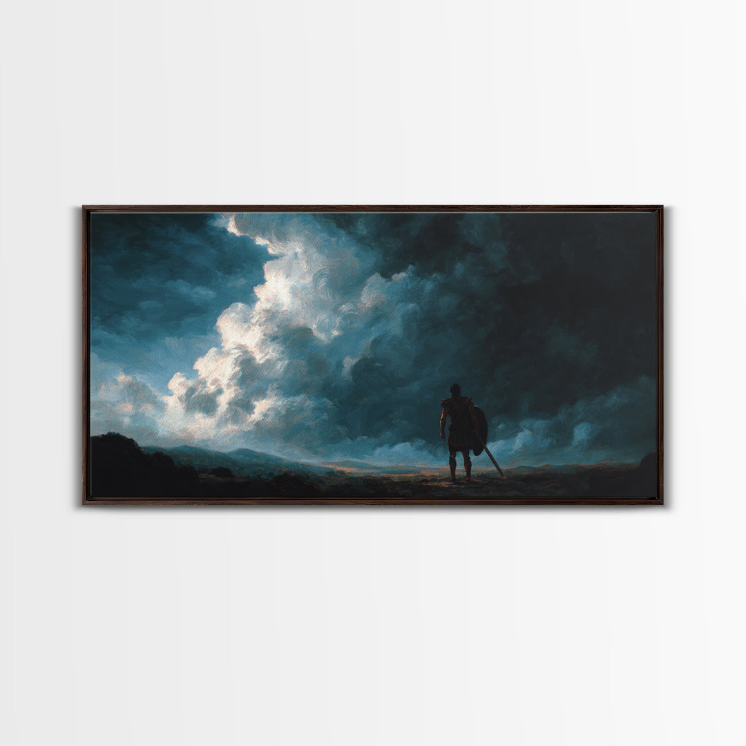 Lone Warrior Beneath Storm Clouds Canvas Print, Moody Landscape Wall Art, Dark Fantasy Decor, Masculine Office Art, Gift For Him