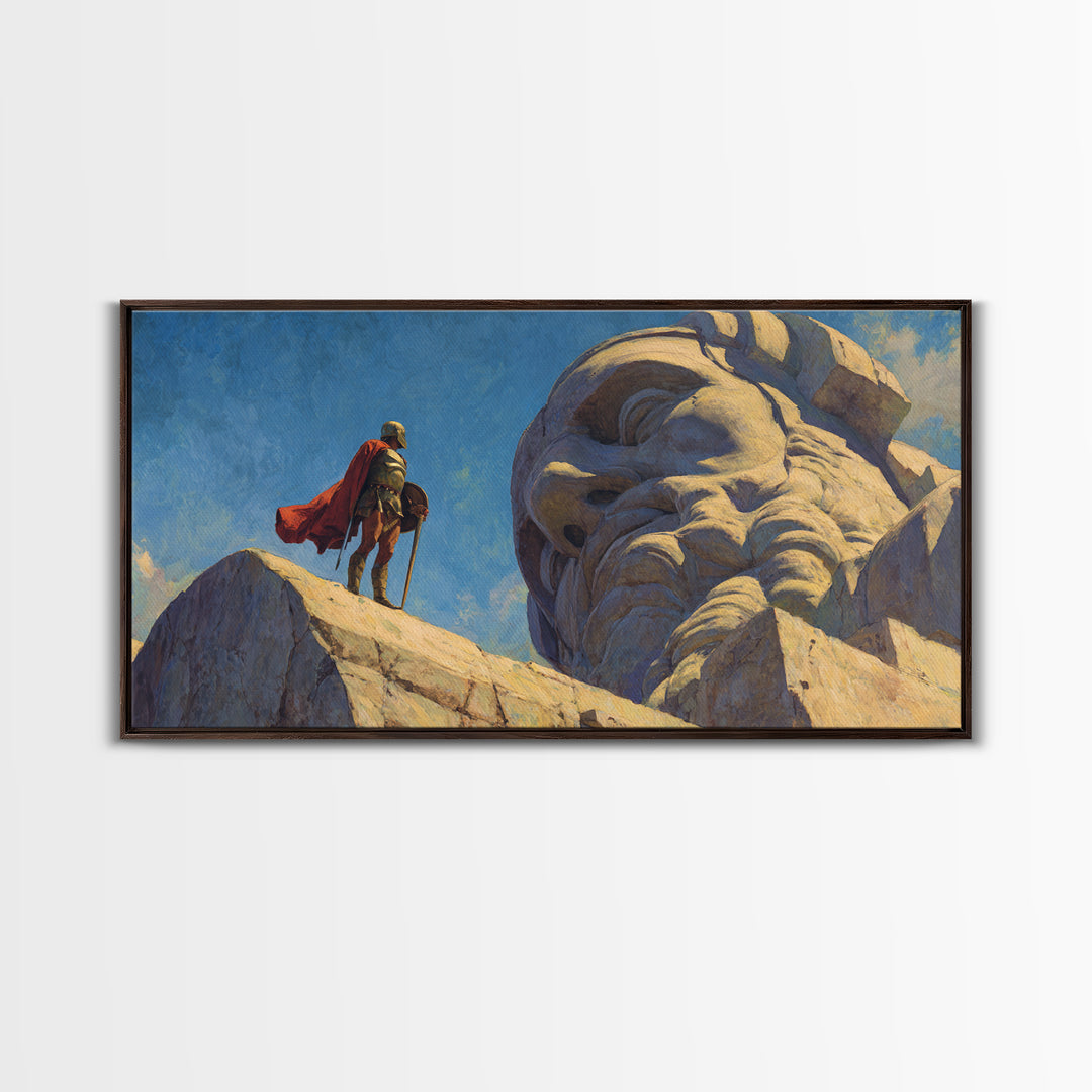 Knight Beside Giant Ancient Statue Wall Art, Epic Fantasy Landscape, Medieval Canvas Decor, Dramatic Office Art Print For Living Room