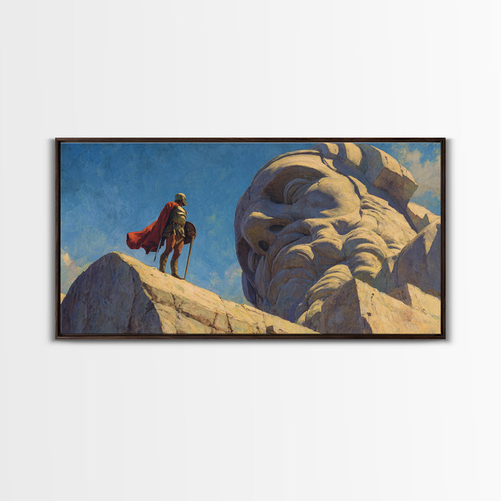 Knight Beside Giant Ancient Statue Wall Art, Epic Fantasy Landscape, Medieval Canvas Decor, Dramatic Office Art Print For Living Room