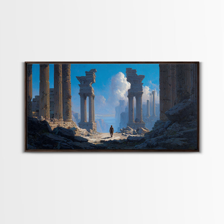 Ancient Ruins With Lone Wanderer Wall Art, Fantasy Landscape Print, Epic Temple Decor, Blue Adventure Canvas, For Living Room Decor