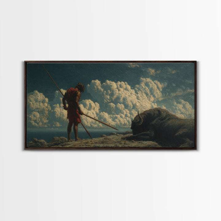 Ancient Spear Hunter And Bison Wall Art, Mythological Warrior Painting, Rustic Wildlife Decor, Epic Fantasy Home Decor Gift