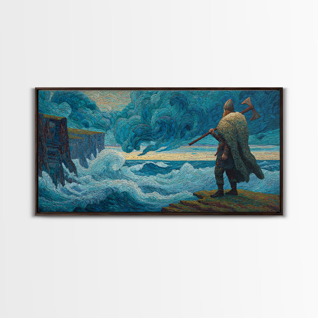 Viking Warrior Facing Blue Storm Waves Wall Art, Nautical Art, Fantasy Art, Textured Wall Art, Ocean Wall Art, Coastal Decor