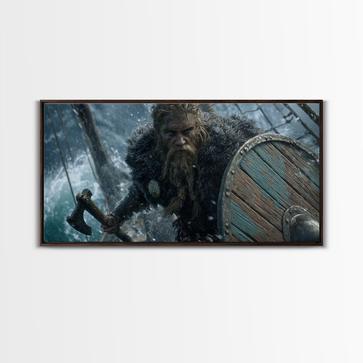 Dramatic Viking Warrior With Beard Holding Axe And Wooden Shield Battle Scene Wall Art Canvas Print