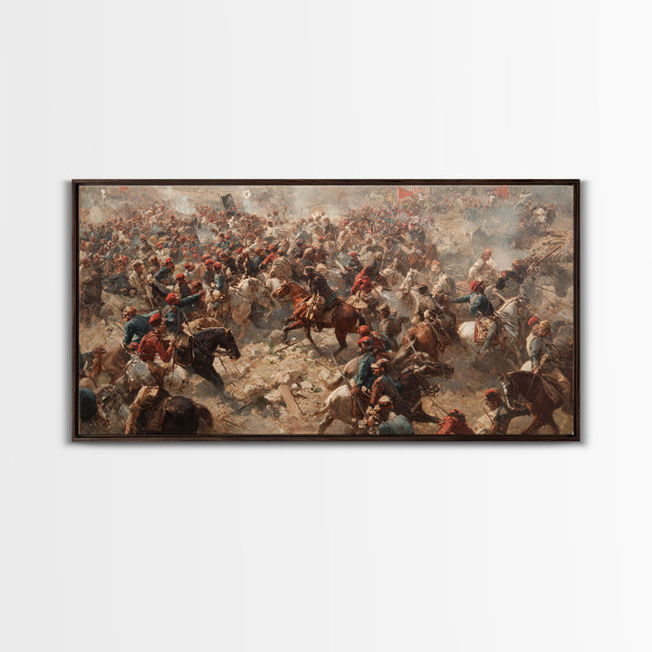 Panoramic Cavalry Charge In Dusty Battle Wall Art, Historic War Canvas Print, Large Living Room Decor, Equestrian Art Print