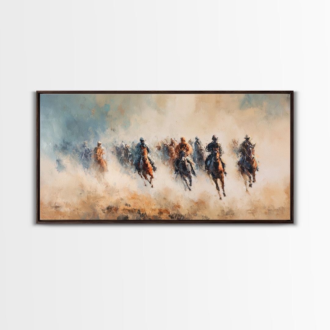 Galloping Horse Riders In Dust Canvas Print, Western Wall Art, Abstract Landscape, Rustic Ranch Decor, Gift For Horse Lover