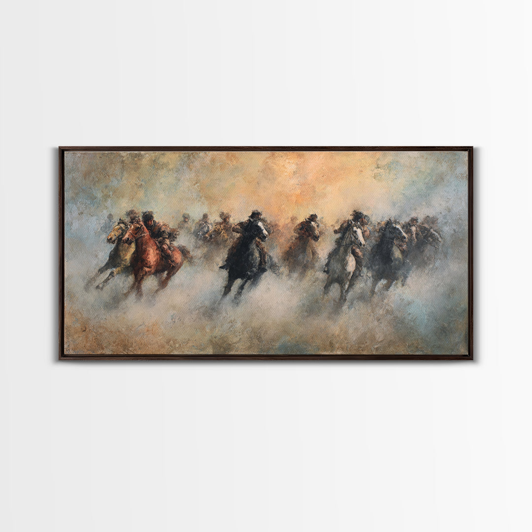 Galloping Horses In Dust Canvas Print, Equestrian Wall Art, Western Horse Racing Decor, Rustic Living Room Decor, Gift For Horse Lover