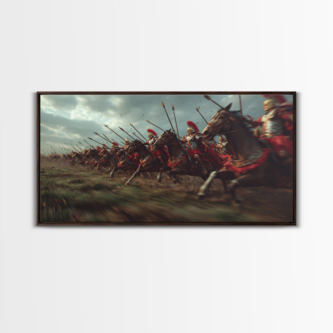 Ancient Cavalry Charge Across Battlefield Wall Art, Horse Racing Battle Canvas Print, Greek Warrior Decor, Dramatic History Poster