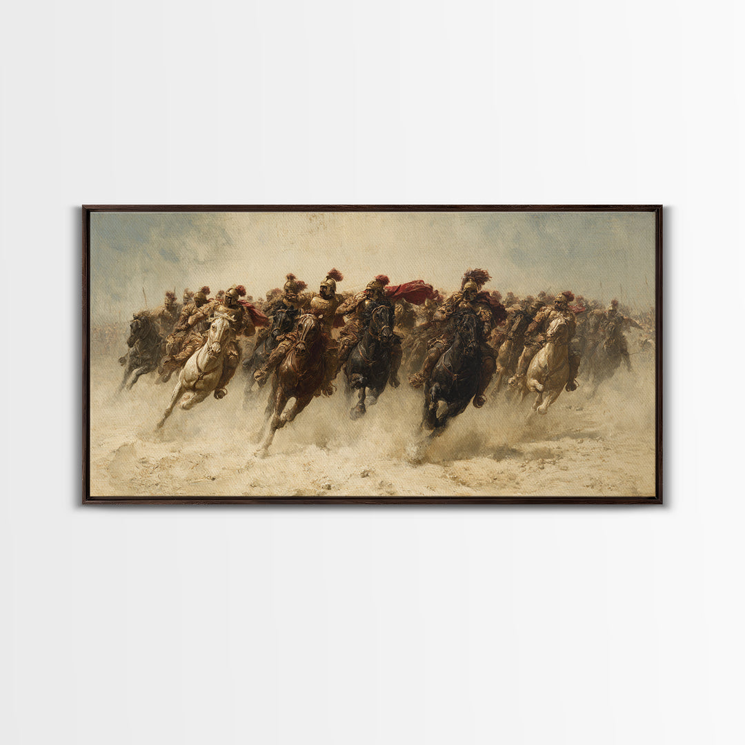 Charging Cavalry Across Dusty Plains Canvas Print, Equestrian Battle Wall Art, Western Horse Decor, Statement Living Room Art