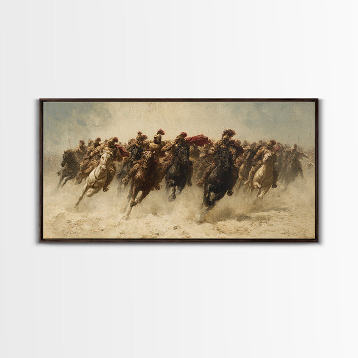 Charging Cavalry Across Dusty Plains Canvas Print, Equestrian Battle Wall Art, Western Horse Decor, Statement Living Room Art