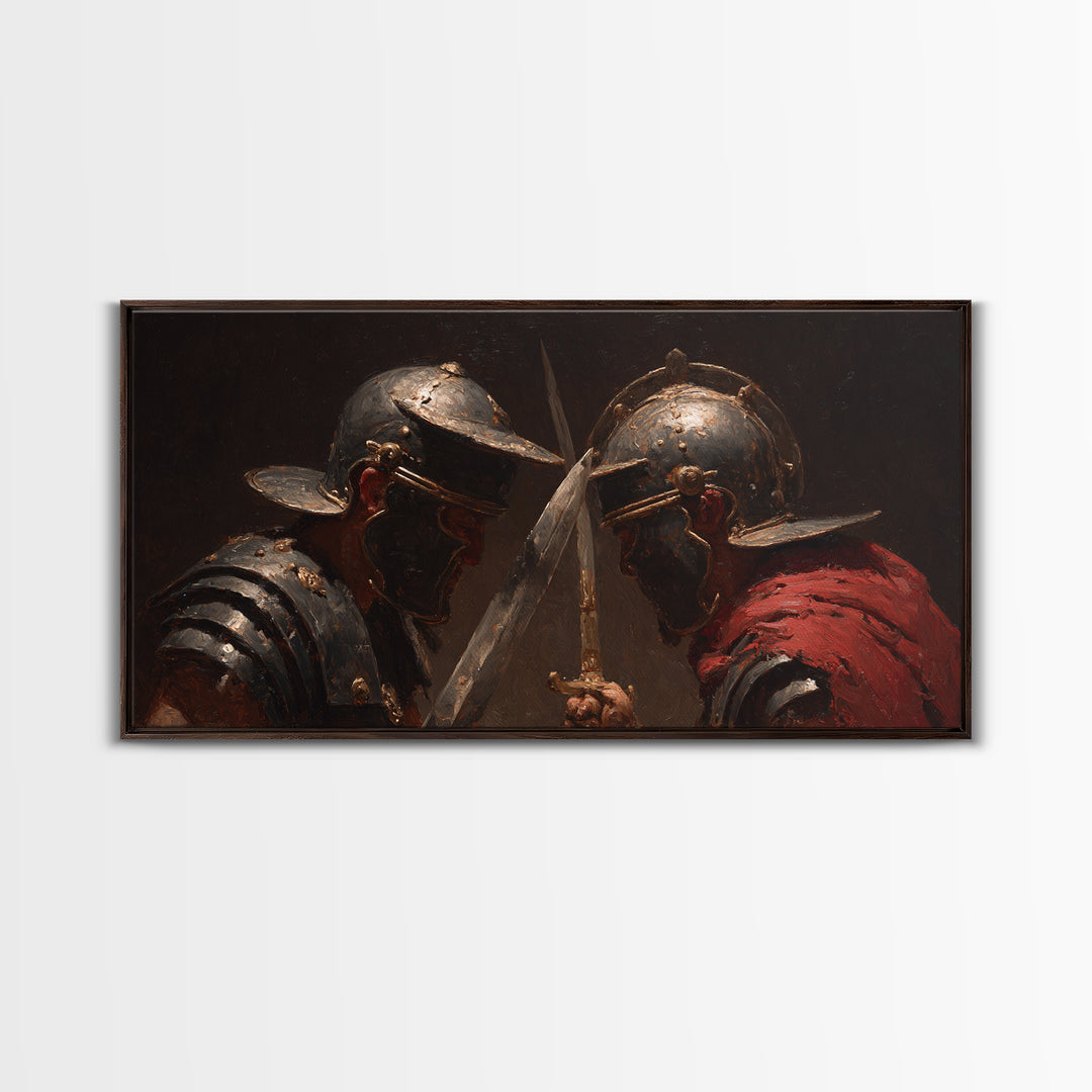 Close Combat Helmeted Knights Crossing Swords Framed Canvas Print, Medieval Duel Wall Art, Dark Academia Office Decor Gift