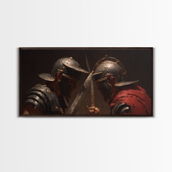 Close Combat Helmeted Knights Crossing Swords Framed Canvas Print, Medieval Duel Wall Art, Dark Academia Office Decor Gift