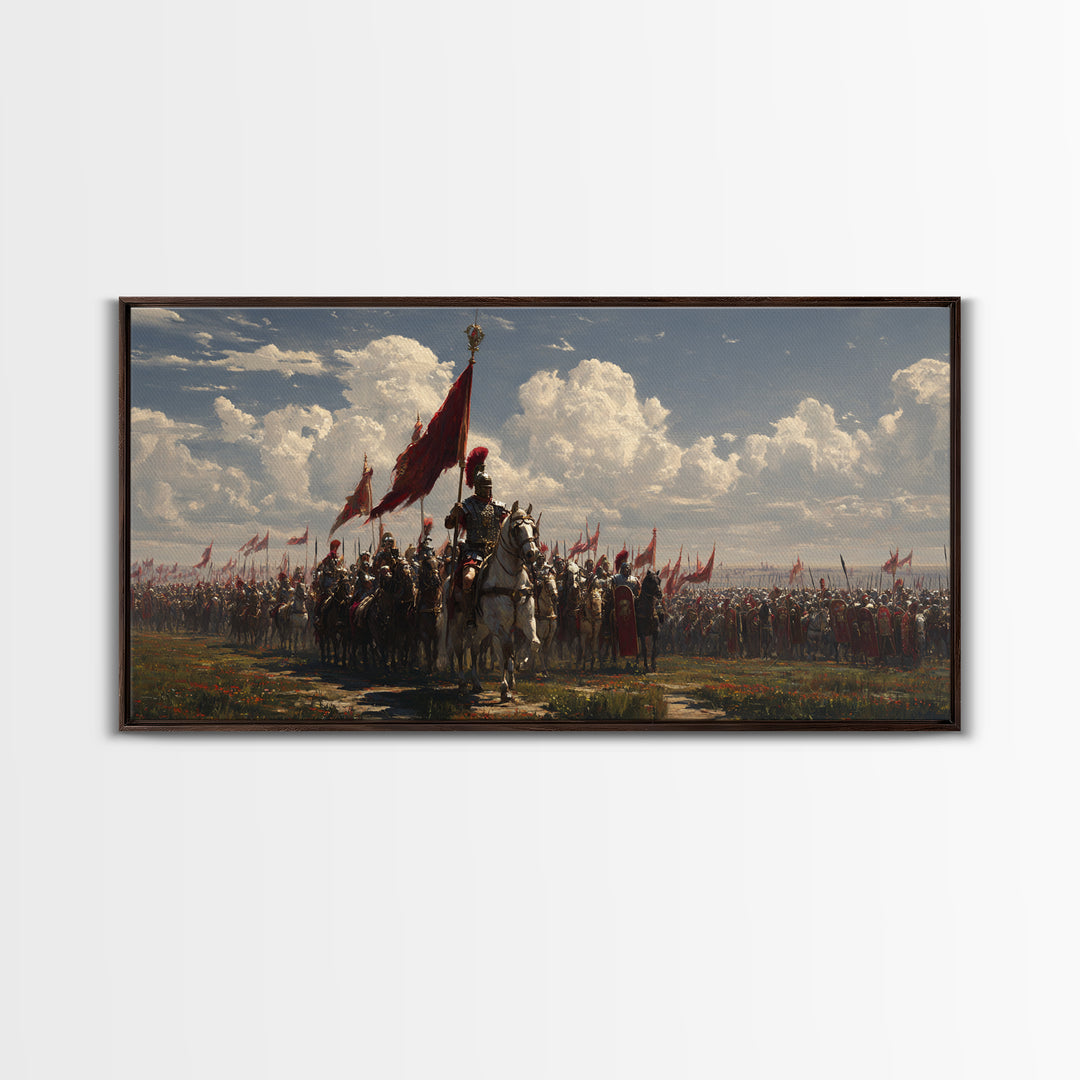 Mounted Knight Army With Red Banner Framed Canvas Print, Medieval Battle Wall Decor, Historical Art, Living Room Decor, Statement Artwork