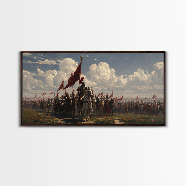 Mounted Knight Army With Red Banner Framed Canvas Print, Medieval Battle Wall Decor, Historical Art, Living Room Decor, Statement Artwork