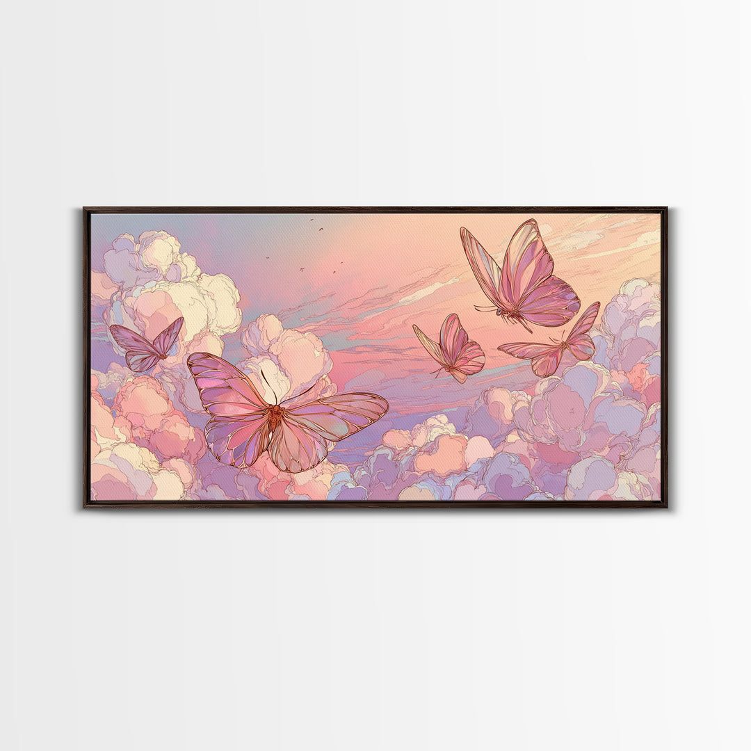Pastel Butterfly Clouds Wall Art, Dreamy Pink Sky Illustration, Whimsical Nursery Decor, Celestial Bedroom Print For Girls Room