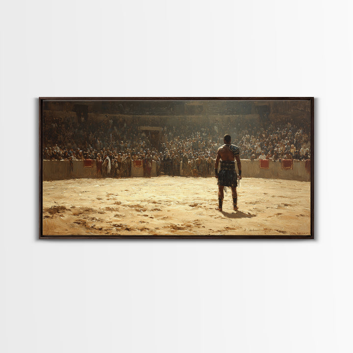 Gladiator Facing Roaring Arena Wall Art, Ancient Rome Warrior Canvas Decor, Historical Battle Painting For Man Cave Decor