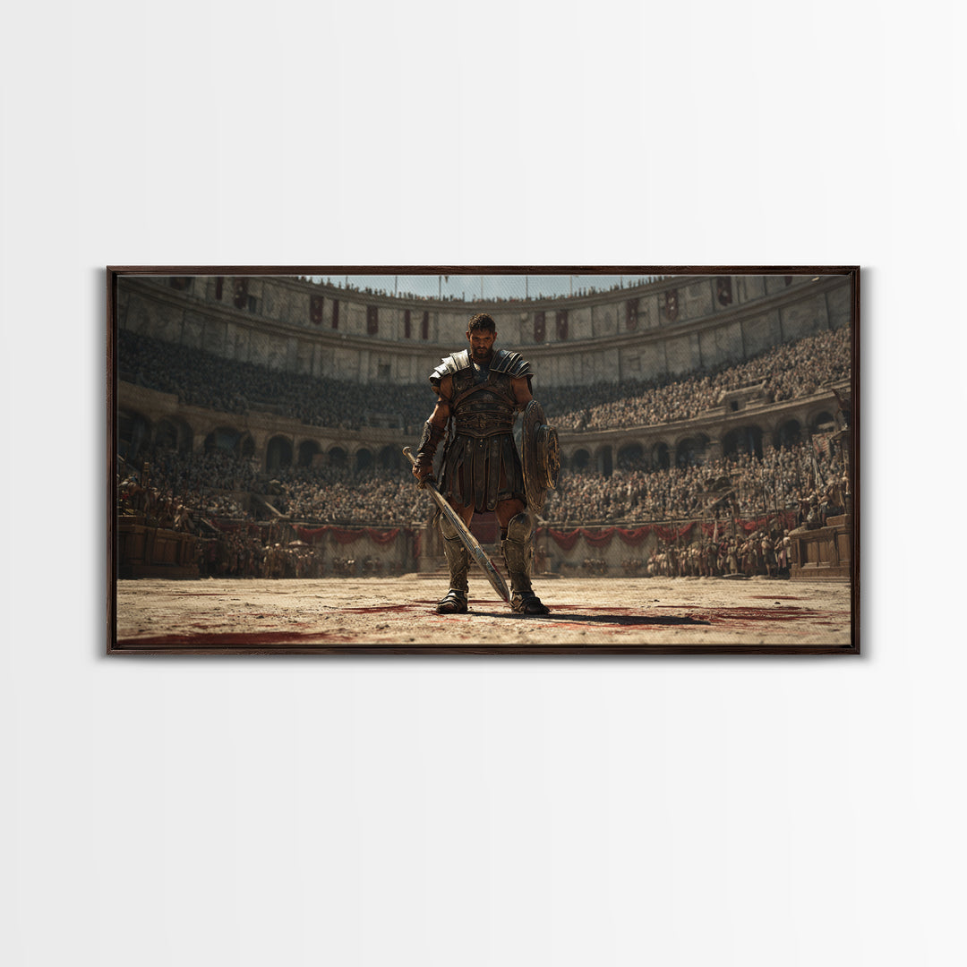 Majestic Gladiator In Arena With Sword And Shield Large Wall Art Framed Canvas Print For Man Cave Decor And Historical Art Prints