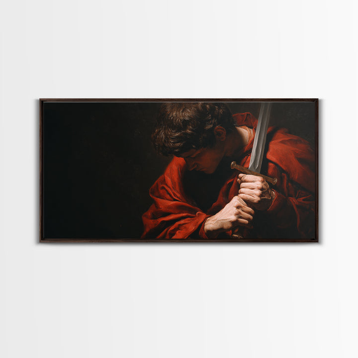 Red Cloaked Swordsman In Shadow Framed Canvas Print, Medieval Portrait Wall Art, Dark Academia Office Decor, Gift For Him