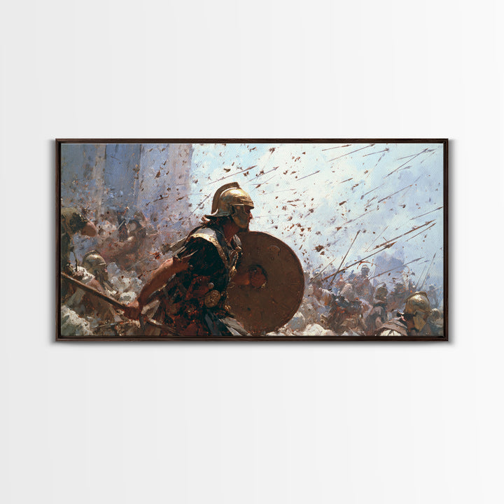 Ancient Shield Bearer Charging Through Arrows Wall Art, Roman Battle Painting, Historical Warrior Living Room Decor Gift For Him