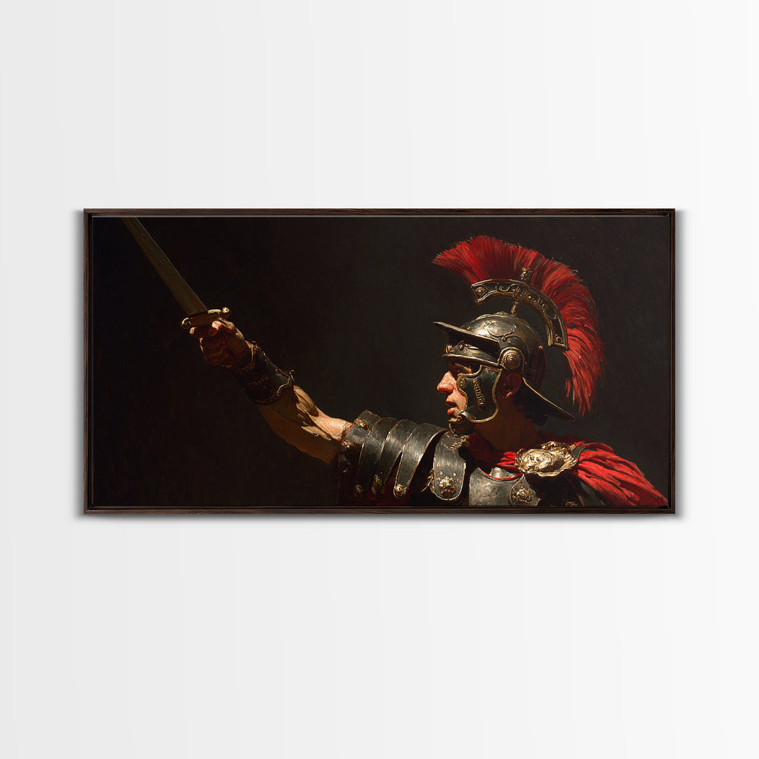 Roman Centurion Raising Sword Framed Canvas Print, Ancient Warrior Wall Art, Dark Academia Decor, Gift For Him, Masculine Office Decor