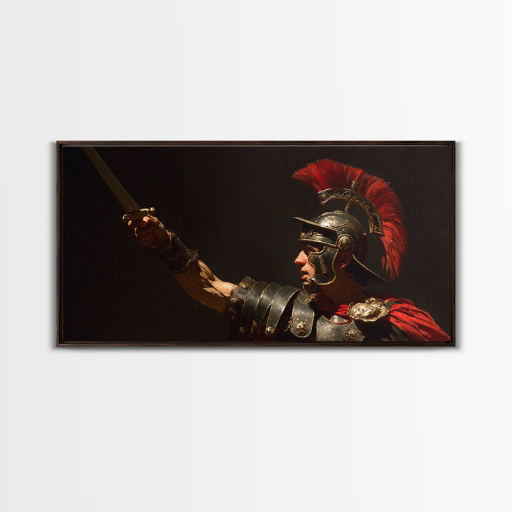 Roman Centurion Raising Sword Framed Canvas Print, Ancient Warrior Wall Art, Dark Academia Decor, Gift For Him, Masculine Office Decor