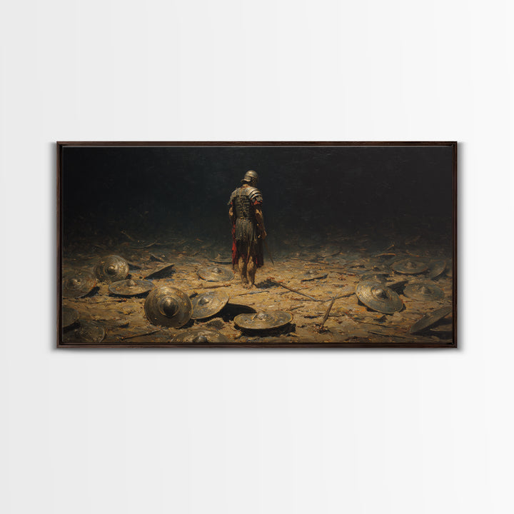 Lone Roman Warrior On Battlefield Framed Canvas Print, Dark Historical Wall Art, Moody Ancient Decor, Masculine Office Art