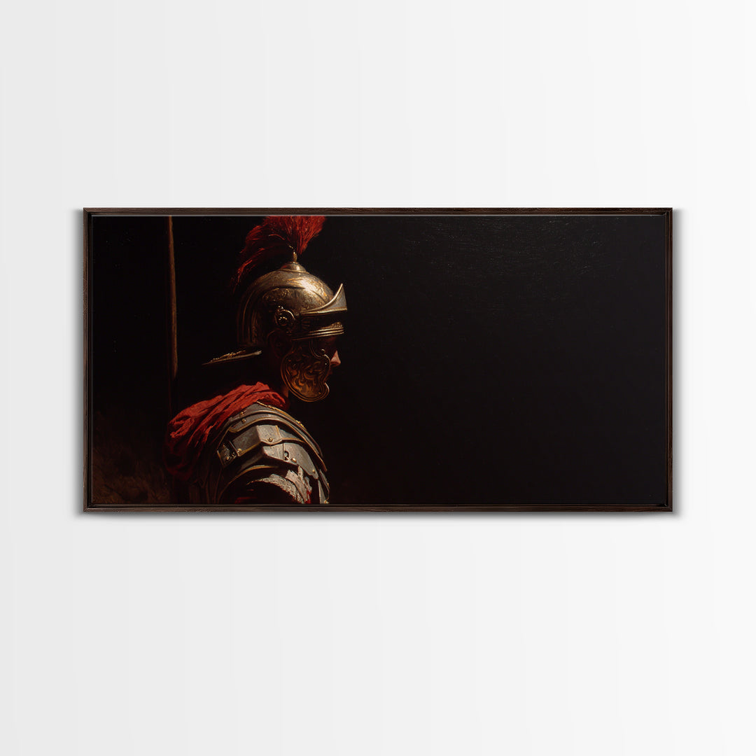 Roman Legion Helmet In Dramatic Shadow Wall Art, Classical Warrior Canvas, Dark Academia Decor, Masculine Office Art Print