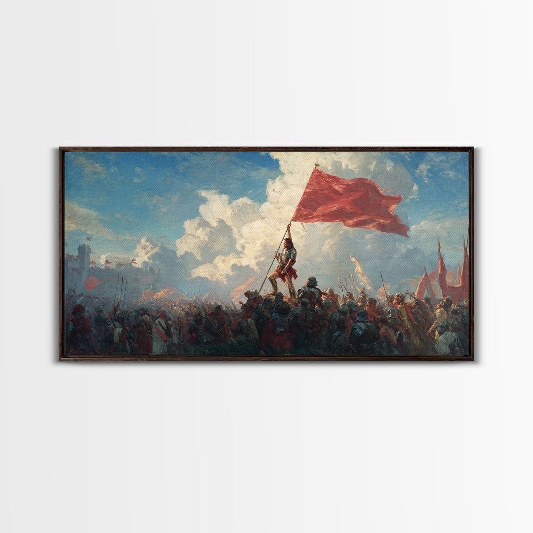 Epic Red Flag Battle Scene Wall Art, Historical Warrior Canvas, Dramatic Army Painting, Large Living Room Decor Gift For Him