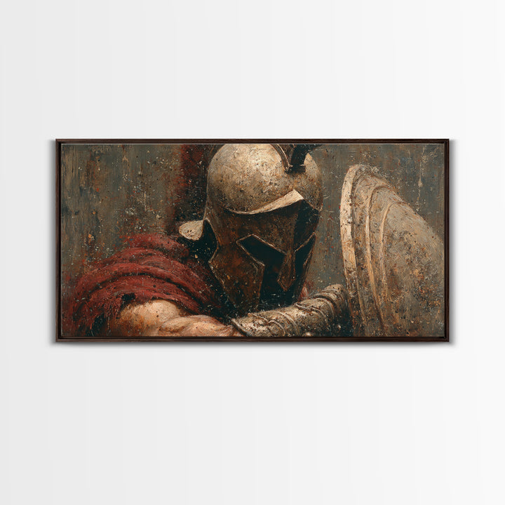 Bronze Helmet And Shield Warrior Framed Canvas Print, Ancient Battle Wall Art, Textured Painting, Gift For Him, Masculine Office Decor