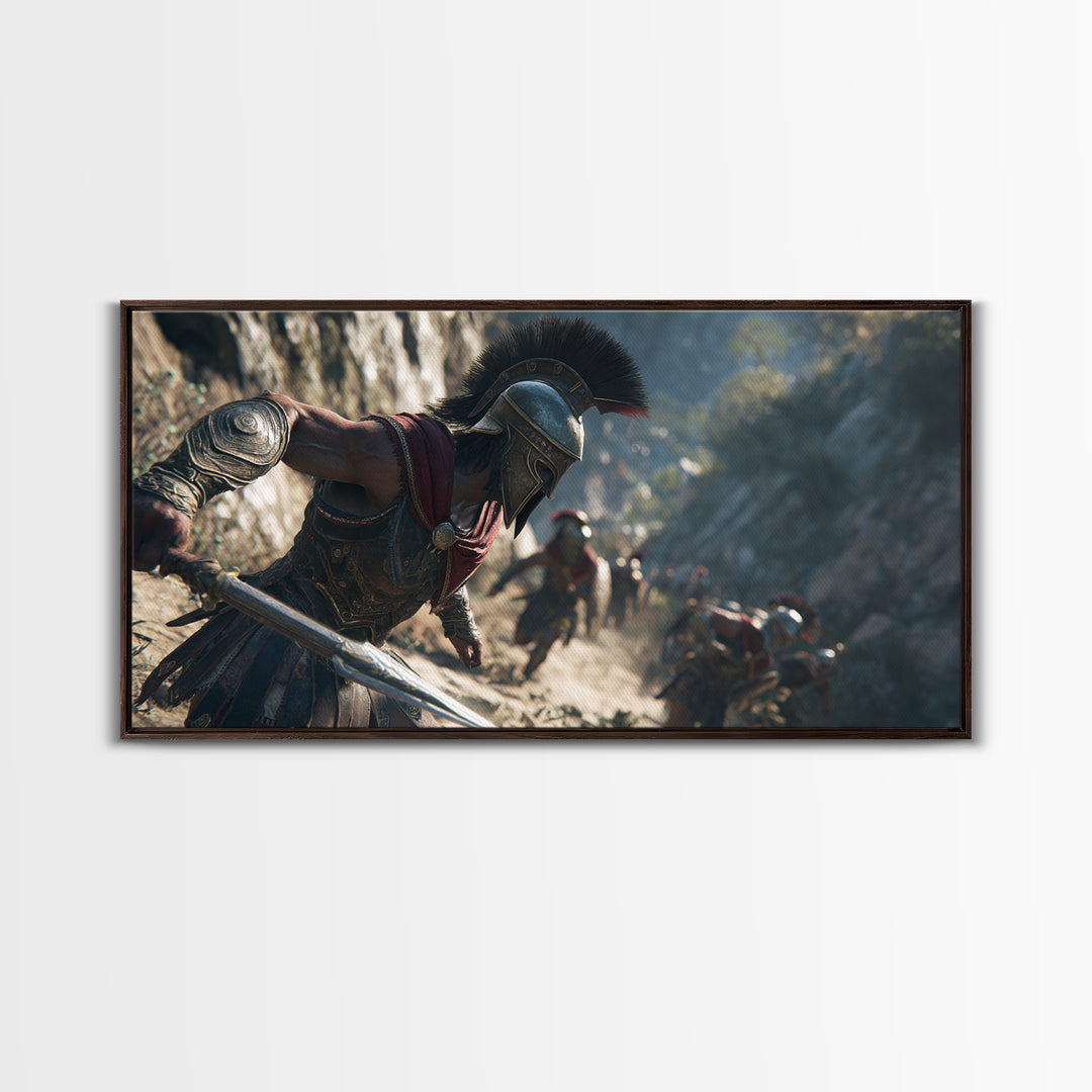 Spartan Warrior Sprinting Through Mountain Pass Wall Art, Ancient Greek Canvas Print, Battle Scene Decor, Masculine Office Poster