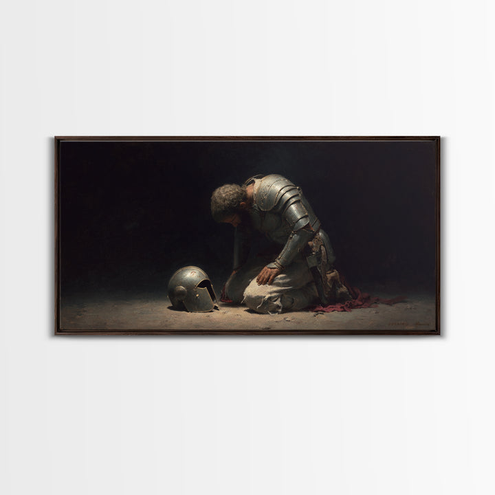 Kneeling Knight With Helmet Wall Art, Dark Medieval Canvas Painting, Gothic Warrior Decor, Moody Office Art Gift For Him