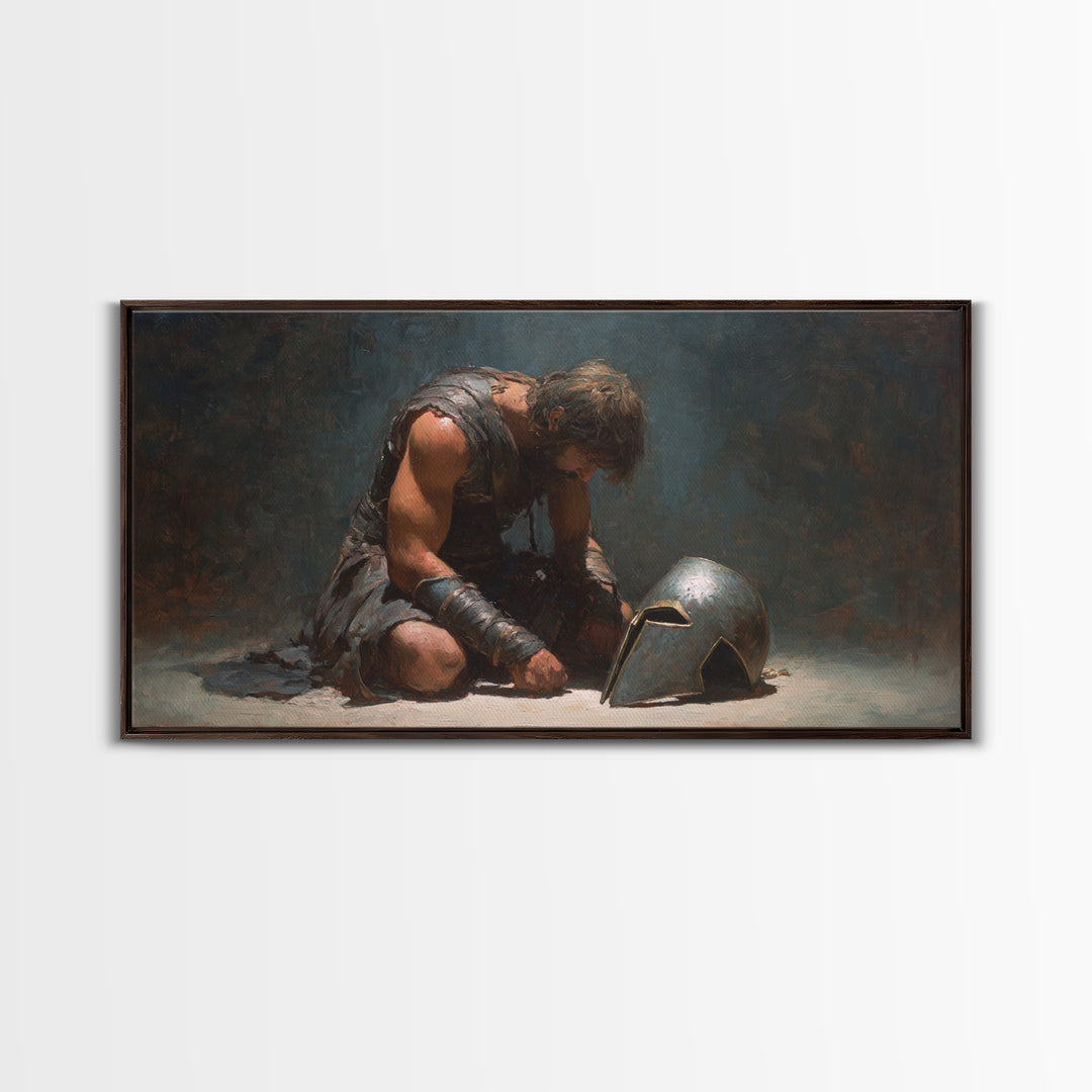 Defeated Ancient Gladiator With Helmet Framed Canvas Print, Dark Academia Wall Decor, Mythological Art, Gift For Him, Living Room Art