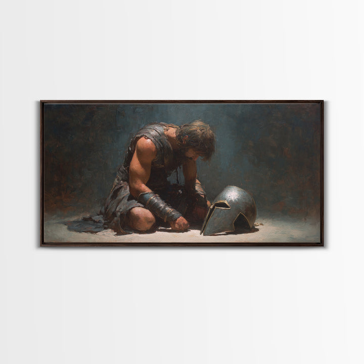 Defeated Ancient Gladiator With Helmet Framed Canvas Print, Dark Academia Wall Decor, Mythological Art, Gift For Him, Living Room Art