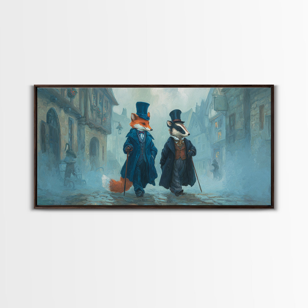 Dapper Fox And Badger In Foggy Village Canvas Print, Whimsical Animal Wall Art, Storybook Nursery Decor Gift, Kids Room Art