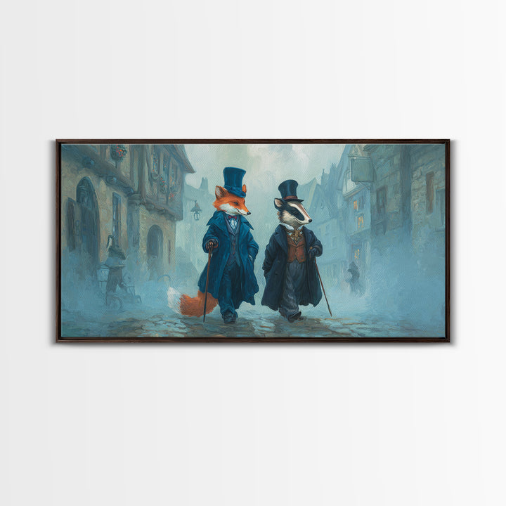 Dapper Fox And Badger In Foggy Village Canvas Print, Whimsical Animal Wall Art, Storybook Nursery Decor Gift, Kids Room Art