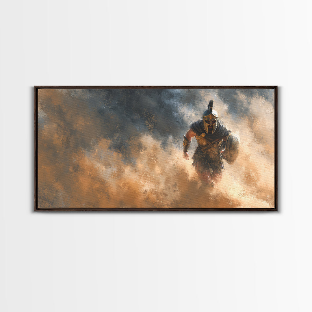 Armored Gladiator Charging Through Dust Framed Canvas Print, Roman Warrior Wall Art, Dramatic Man Cave Decor, Gift For Him