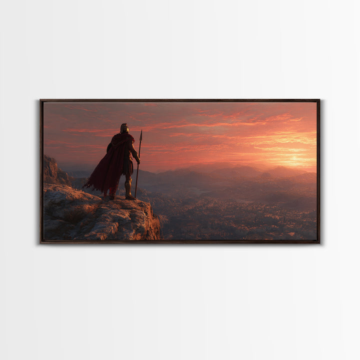 Epic Ancient Warrior Standing On Cliff Overlooking Valley Sunset Landscape Wall Art Modern Digital Painting Canvas Print For Office Decor