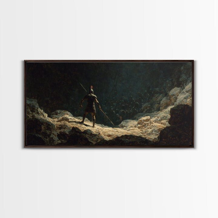 Lone Spear Warrior Facing Shadow Army Wall Art, Ancient Battle Canvas Print For Dark Fantasy Home Decor And Man Cave Office Decor