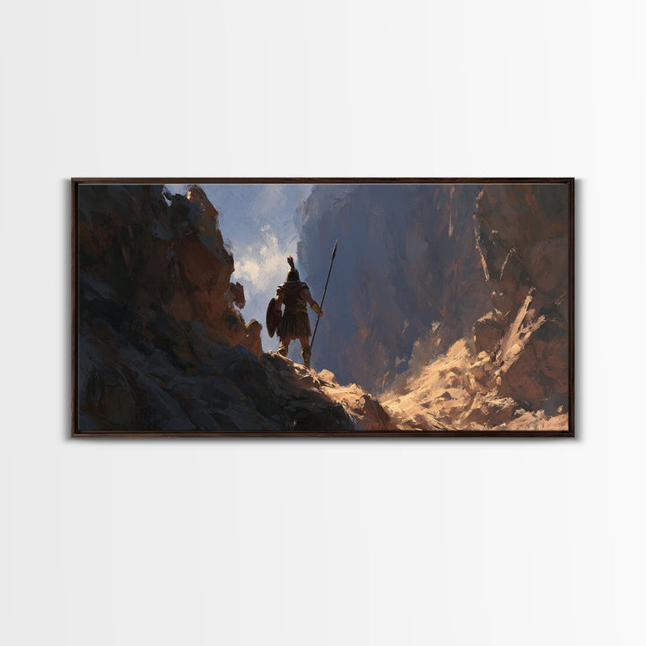 Lone Warrior In Mountain Canyon Framed Canvas Print, Fantasy Art, Mountain Wall Art, Rustic Decor, Gift For Him, Office Wall Art