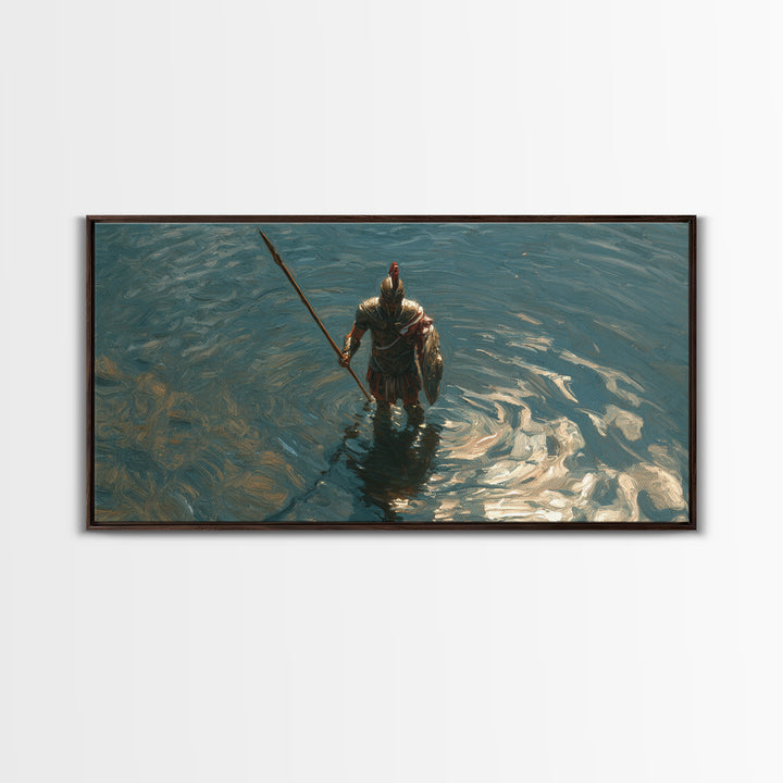 Armored Knight Standing In Shimmering Water Canvas Print, Medieval Fantasy Wall Art, Moody Lake Decor For Living Room Art