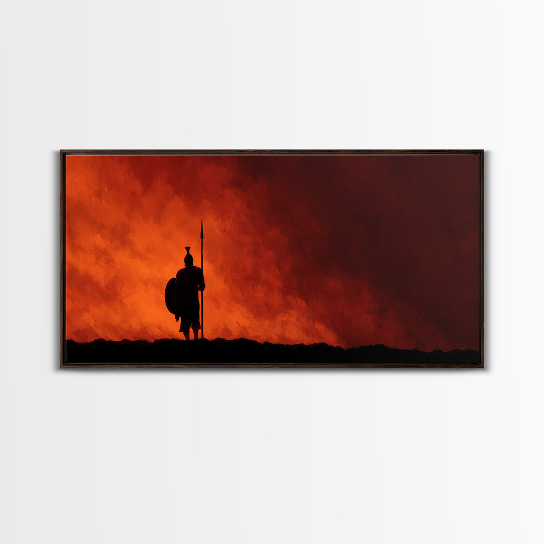 Lone Spear Warrior At Fiery Red Horizon Wall Art, Epic Fantasy Battle Canvas, Dark Warrior Decor, Man Cave Gift, Home Office Decor