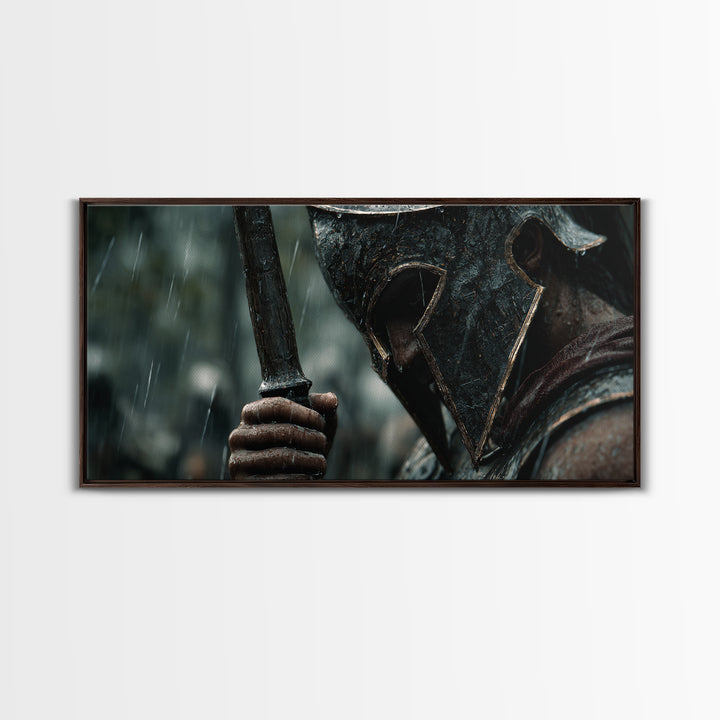 Rain Soaked Spartan Helmet And Axe Framed Canvas Print, Dark Warrior Wall Art, Ancient Battle Decor, Masculine Gift For Him
